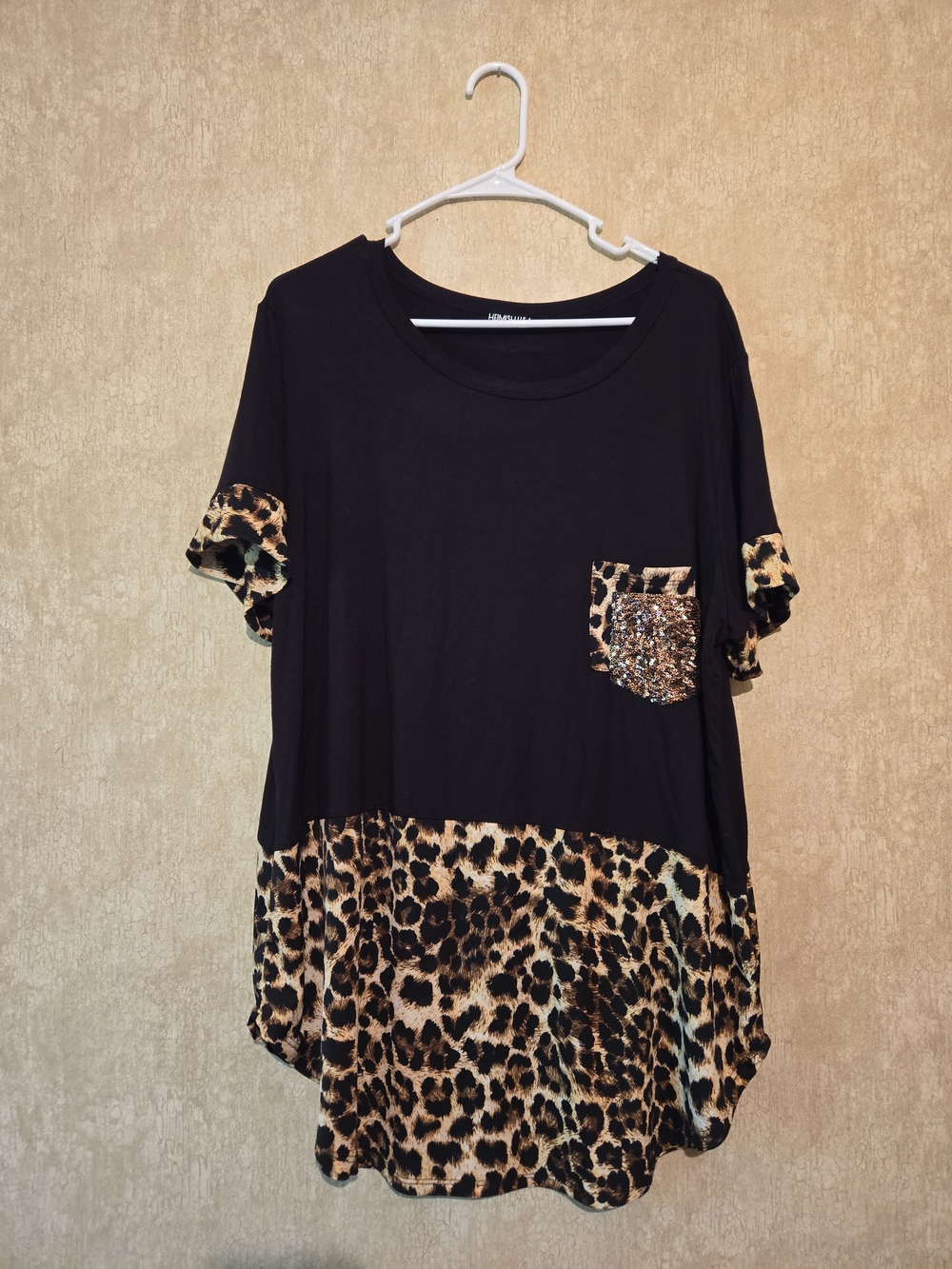 HEIMISH USA Black Short-Sleeve Top with Leopard Trim & Sequin Pocket